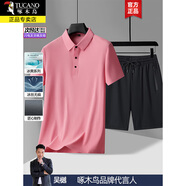 啄木鳥父親節(jié)禮物兩件套冰絲短袖t恤男夏季涼感polo彈力中年爸爸翻領(lǐng)衫 8069海棠紅短褲套裝 2XL (建議140-155斤)