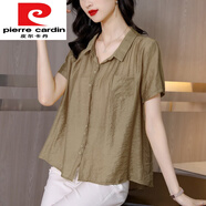 皮爾卡丹（pierre cardin）品牌高檔女裝 感女夏季貴夫人新款苧麻女裝上衣高端棉麻短袖T恤女 卡其色 4XL