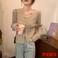 事思設(shè)計(jì)感v領(lǐng)開(kāi)衫糖果色針織外套女早春新款寬松顯瘦百搭針織衫毛衣 卡其色 M
