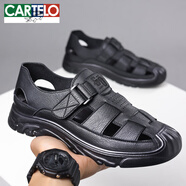 卡帝樂(lè )鱷魚(yú)（CARTELO）皮涼鞋男真皮男士休閑鏤空皮鞋魔術(shù)貼包頭透氣洞洞鞋中老年 黑色 41