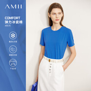 AMII2025夏季短袖女t恤新款潮流通勤風冰瓷棉修身彈力短袖女 克萊因藍 L