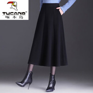 啄木鳥(niǎo)（TUCANO）毛呢半身裙女中長(cháng)款秋冬新款高腰顯瘦百搭a字裙加厚保暖百褶長(cháng)裙 黑色 XL 115-125斤