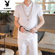 花花公子（PLAYBOY）夏季新款棉麻男套裝亞麻短袖t恤休閑半袖唐裝漢服體恤中國風(fēng)服飾V 白色【短袖+長褲】 M