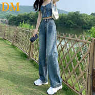 DALEY MODE復(fù)古牛仔褲女春夏秋季寬松闊腿褲高腰顯瘦直筒小個子百搭拖地褲潮 復(fù)古舊藍(lán)-舊藍(lán) M （95-105）斤
