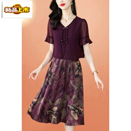 初徑氣質(zhì)短袖雪紡連衣裙女夏季新款夏裝女士媽媽裝顯瘦假兩件裙子 紫色 4XL 【140-150斤】
