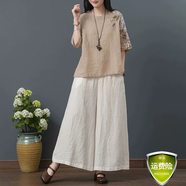 夏典素訂女王素訂棉麻復(fù)古上衣女2025刺繡文藝短款夏季女裝中國風民族風t恤 卡其色+麻色闊腿褲 L 建議100-115斤