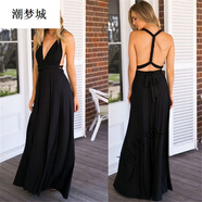 潮夢(mèng)城紅色晚禮服 宴會(huì )禮服 小個(gè)子歐美款性感吊帶多種穿法綁帶連衣裙 黑色2 半裙長(cháng)106cm S