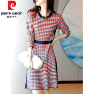 皮爾卡丹（pierre cardin）早秋格子連衣裙女2025秋季新款小香風(fēng)千鳥格收腰中長(zhǎng)款a字針織裙 紅色 2XL