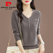 皮爾卡丹（pierre cardin）品質(zhì)t恤女長(zhǎng)袖春秋冬毛衣女上衣v領(lǐng)洋氣內(nèi)搭薄款針織打底衫上衣潮 咖啡色今年流行的輕奢品牌 S 80-95斤可穿