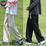 NASA BASE休閑褲男春夏季寬松垂感直筒褲男士青年闊腿潮牌百搭工裝褲子 杏色+黑色 XL （建議125-150斤）