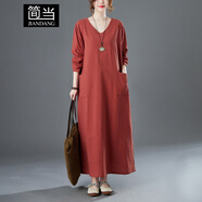 簡(jiǎn)當（JIANDANG）大碼女裝春季復古V領(lǐng)加肥加大寬松遮肚長(cháng)袖連衣裙袍子6469 桔紅色 大碼均碼【130-190斤】