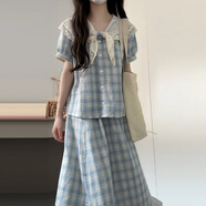 GOCHIEI2025新款法式甜美藍(lán)色格紋連衣裙子女夏小個(gè)子學(xué)院風(fēng)穿搭套裝長(zhǎng)裙 藍(lán)格套裝夏季絕美超好看釣系約會(huì) M