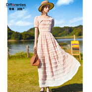 帝弗·潤馳春季新款粉色度假氣質(zhì)優(yōu)雅連衣裙女溫柔減齡長(cháng)裙女甜美蛋糕裙 粉色 微彈 XL