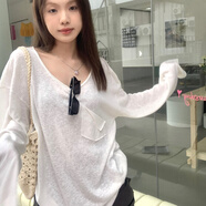 多想余防曬罩衫白色長袖t恤女上衣夏季新款純欲體恤遮肚子寬松圓領(lǐng)內(nèi)搭 荷包長袖防曬罩衫 L 【建議100-120斤】