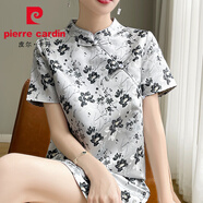 皮爾卡丹（pierre cardin）新中式國風(fēng)旗袍真絲連衣裙2025夏季立領(lǐng)醋酸復古提花中長(cháng)款A字裙 灰色 XL 120-140斤