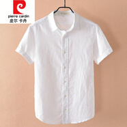 皮爾卡丹（pierre cardin）透氣亞麻襯衫男士短袖修身上衣夏季薄款翻領(lǐng)青年棉麻料休閑白襯衣 白色翻領(lǐng)886 僅剩18件 XL 建議130-145斤之
