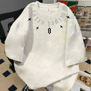 文頗100%純棉小眾設計潮流美式領(lǐng)口哥特國潮男女夏季新款寬松短袖半袖 220克-花灰 S 建議85-95斤