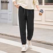 MsShe【提花棉束腳衛(wèi)褲】大碼女裝2025秋裝胖mm顯瘦高腰運(yùn)動(dòng)褲子 黑色現(xiàn)貨-5032 5XL