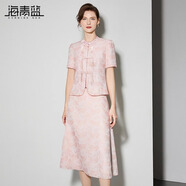 海青藍(lán)粉色新中式國(guó)服套裝女2025春季新款復(fù)古盤(pán)扣上衣半身裙兩件套 粉色 S