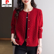 皮爾卡丹（pierre cardin）大碼300斤胖妹秋冬開(kāi)衫毛衣春秋季針織衫氣質(zhì)外套毛衫上衣女外穿 紅色 L 【100-120斤】