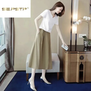 夏典素訂女王（SE.PSTP）棉麻時(shí)尚套裝裙2025夏裝新款女裝短袖V領(lǐng)亞麻兩件套中長(cháng)款連衣裙 白上衣+卡其裙【兩/件套】今年流 L (建議100-120斤)