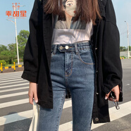 乖甜星高腰牛仔褲女2025年秋季新款顯瘦修身緊身小腳鉛筆褲子配靴子 藍灰色(九分) M 27/28