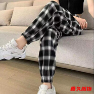 美安嘉冰絲黑白格子褲女小個(gè)子九分哈倫夏季顯瘦束腳薄款新款休閑衛褲子 新黑白大格子抽繩束口款 2XL 建議100-125斤