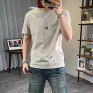 漫兮楠冰絲棉麻短袖T恤男輕奢三角標(biāo)體恤衫青年圓領(lǐng)亞麻休閑麻料潮上衣 杏色 M 建議95-115斤