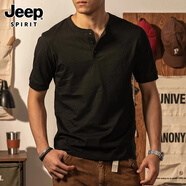 JEEP SPIRIT正品吉普高端短袖男美式t恤男復古亨利領阿美咔嘰純棉衣服半袖 8013S25黑色T恤 XL 碼 156-169斤