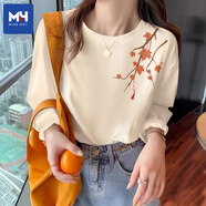 慕伊銘（MUYIMING）純棉長(cháng)袖t恤女2025新款春秋款內搭打底衫正肩上衣X 奶白色(如愿楓左肩標) XL