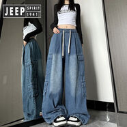 JEEP SPIRIT吉普多口袋工裝牛仔褲男女同款春秋季潮牌抽繩束腳長(cháng)褲寬松直筒闊 藍色 XL