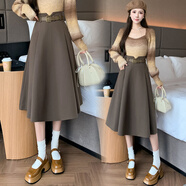 對蘭毛呢半身裙冬季女2024秋冬款中長(cháng)款顯瘦遮胯呢子高腰大擺a字長(cháng)裙 咖色 S
