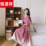 恒源祥粉色漸變法式氣質(zhì)連衣裙女夏2025新款寬松泡泡袖長(zhǎng)裙到腳踝超長(zhǎng)款 樹莓粉 品質(zhì)升級(jí)款 S