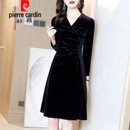 皮爾卡丹（pierre cardin）感端金絲絨連衣裙女裝2025新款春秋季洋氣質(zhì)V領(lǐng)打底小黑裙子 黑色 M 【建議80-100】