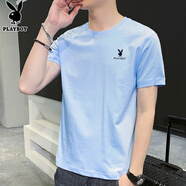 花花公子（PLAYBOY）短袖T恤男夏季男士上衣服男裝潮流寬松純色純棉打底衫 天藍 L 