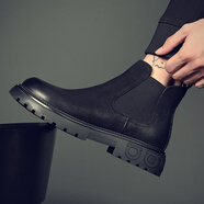 奧森圖秋冬新款男靴真皮馬丁靴男頭層牛皮切爾西靴英倫風(fēng)厚底百搭短靴潮 黑色加絨 41