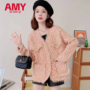 愛(ài)麥依流蘇小香風(fēng)V領(lǐng)毛呢外套女2025春秋新款韓版針織開(kāi)衫上衣潮 橘色 2XL 125-140斤