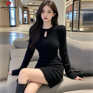 皮爾卡丹春季黑色毛絨連衣裙子女春季純欲辣妹配大衣內(nèi)搭打底修身毛衣包臀 黑色 L