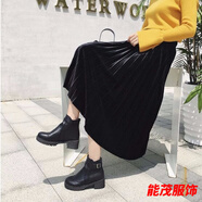 萱眸絲絨百褶裙春秋半身裙中長(cháng)款顯瘦a字長(cháng)裙秋冬女潮 黑色 L 110-120斤