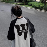 文頗100%純棉插肩袖撞色短袖T恤女設計感潮流韓版百搭寬松男女情侶裝 26-30-W插肩-黑灰 3XL