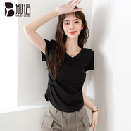 別語修身t恤女夏季新款收腰正肩顯瘦內(nèi)搭V領(lǐng)短袖上衣 黑色 XL 