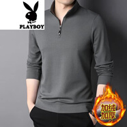 花花公子（PLAYBOY）男士長(cháng)袖t恤春秋立領(lǐng)拉鏈打底衫衛衣休閑棉大碼polo半袖衫 99637深灰 加絨 M 165建議120斤以?xún)?
                                         title=