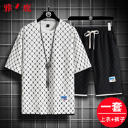 雅鹿2件裝短袖T恤男套裝夏季時(shí)尚寬松夏季男士百搭休閑運動(dòng)潮牌兩件套 白短袖+黑短褲 XL