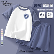 迪士尼寶寶女童睡衣夏季2025純棉上衣女孩夏裝舒服柔軟短袖兩件套兒童家居服 【男童】e迪米奇盾牌徽K霧水藍 130