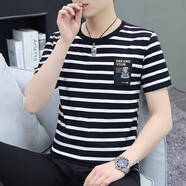 以純YISHION黑白條紋男士短袖t恤純棉潮流夏裝新款休閑百搭上衣韓版半袖體恤 GW2232黑條紋 L