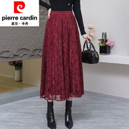皮爾卡丹（pierre cardin）絲絨半身裙春秋長(zhǎng)裙2025春秋柔順蕾絲高腰時(shí)尚拼接大擺裙針織 9316紅色(葉子花裙長(zhǎng)80cm) 均碼 (內(nèi)里厚絲絨)
