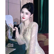 EYNL晚禮服裙女感輕奢小眾高端宴會(huì)主持人大氣成人禮藝考亮片長(zhǎng)袖 香檳色 淺 S