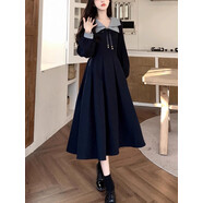南啵丸微胖mm大碼女裝長袖連衣裙女2024春秋新款特價學院風中長裙子 學院風連衣裙黑藍領 M