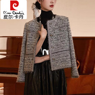 皮爾卡丹（pierre cardin）高級感重工編織粗花呢短外套女溫柔小香輕奢氣質(zhì)羊毛呢上衣春秋冬 混色鉆石灰 高質(zhì)量 XL 116-125斤