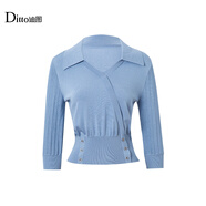 Ditto【商場(chǎng)同款】迪圖2025春翻領(lǐng)針織衫女寬松修身顯瘦針織上衣 淺藍 S